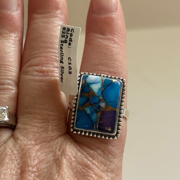 Blue Purple Dahlia Turquoise 925 Sterling Silver Square Ring Size 10 New - Picture 5 of 8